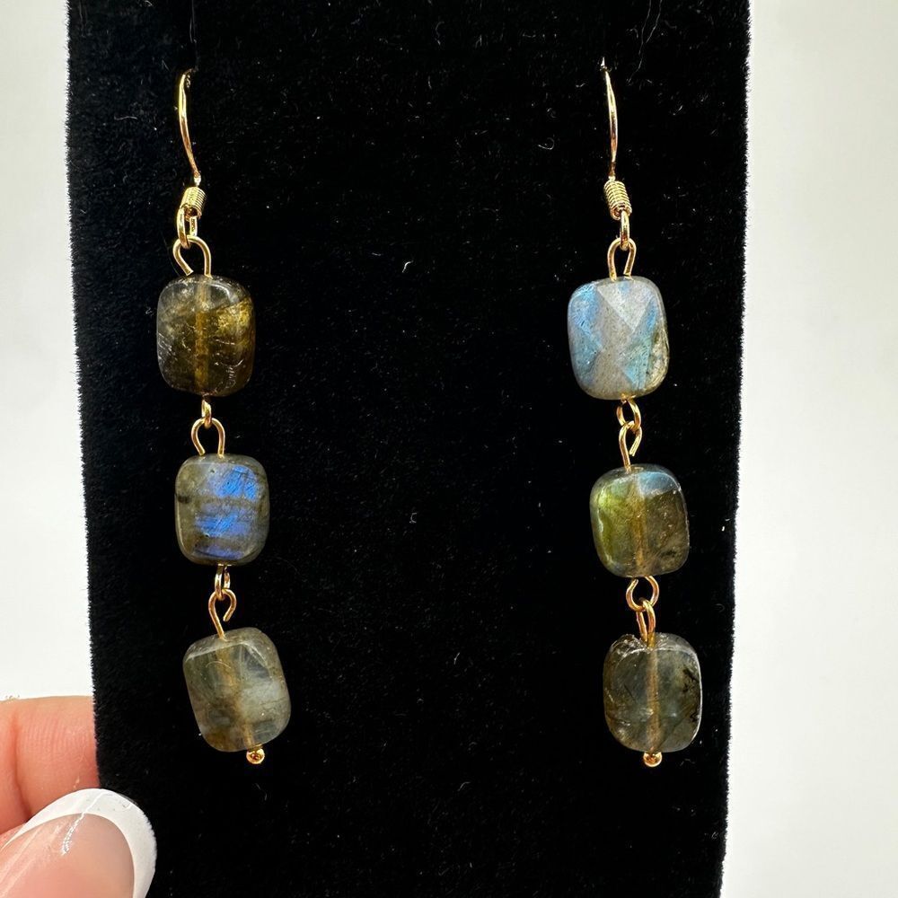 2.5" faceted flashy labradorite stones dangle earrings with gold over 925 hooks!